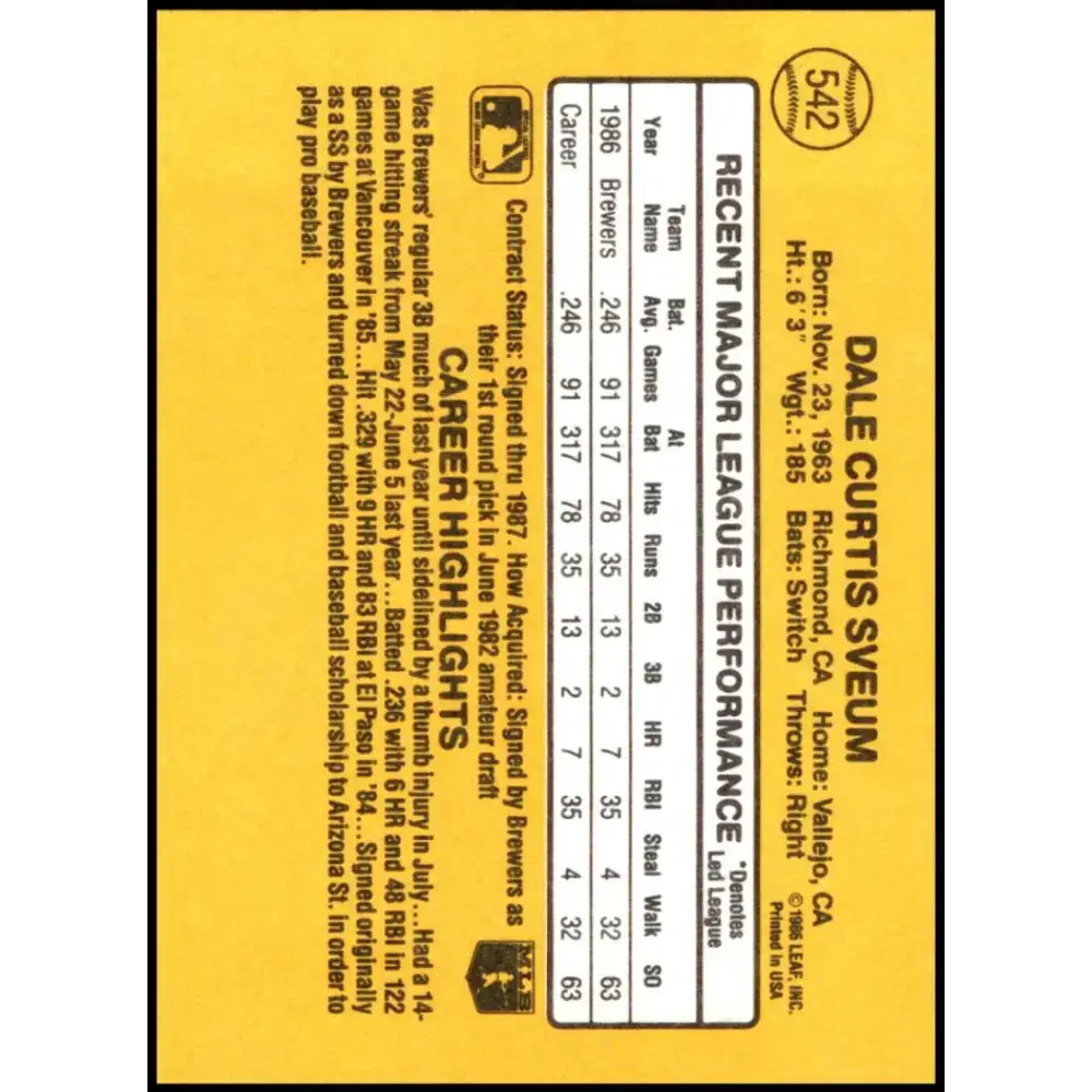 1987 Donruss #542 Dale Sveum EX Excellent Milwaukee Brewers Baseball Card - Baseball Card Single