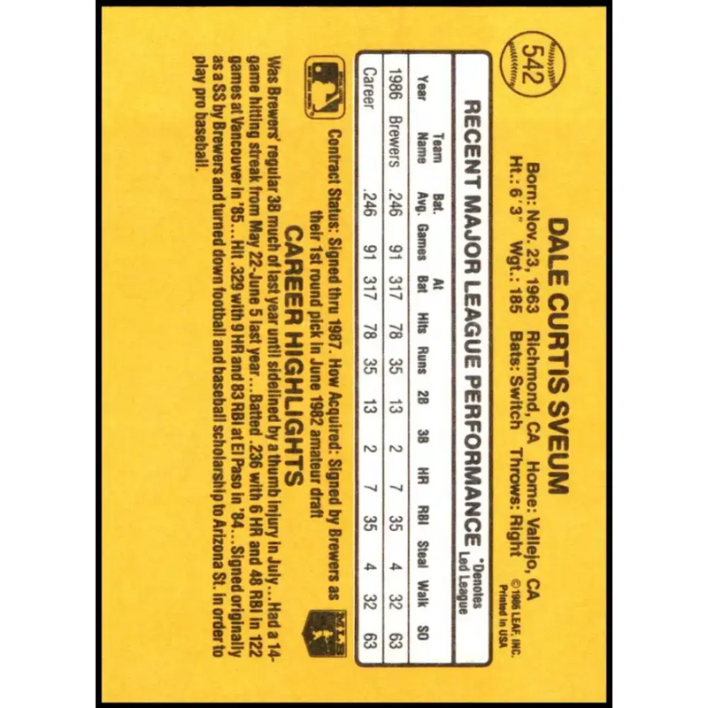 1987 Donruss #542 Dale Sveum EX Excellent Milwaukee Brewers Baseball Card - Baseball Card Single