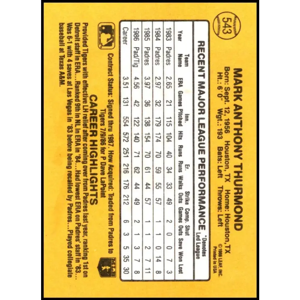 1987 Donruss #543 Mark Thurmond EX Excellent Detroit Tigers Baseball Card