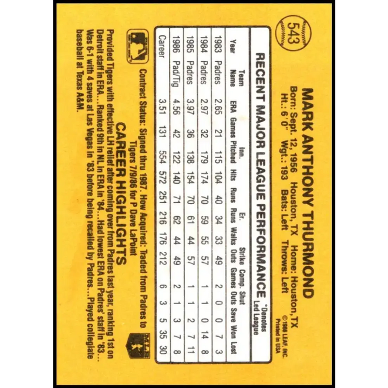 1987 Donruss #543 Mark Thurmond EX Excellent Detroit Tigers Baseball Card