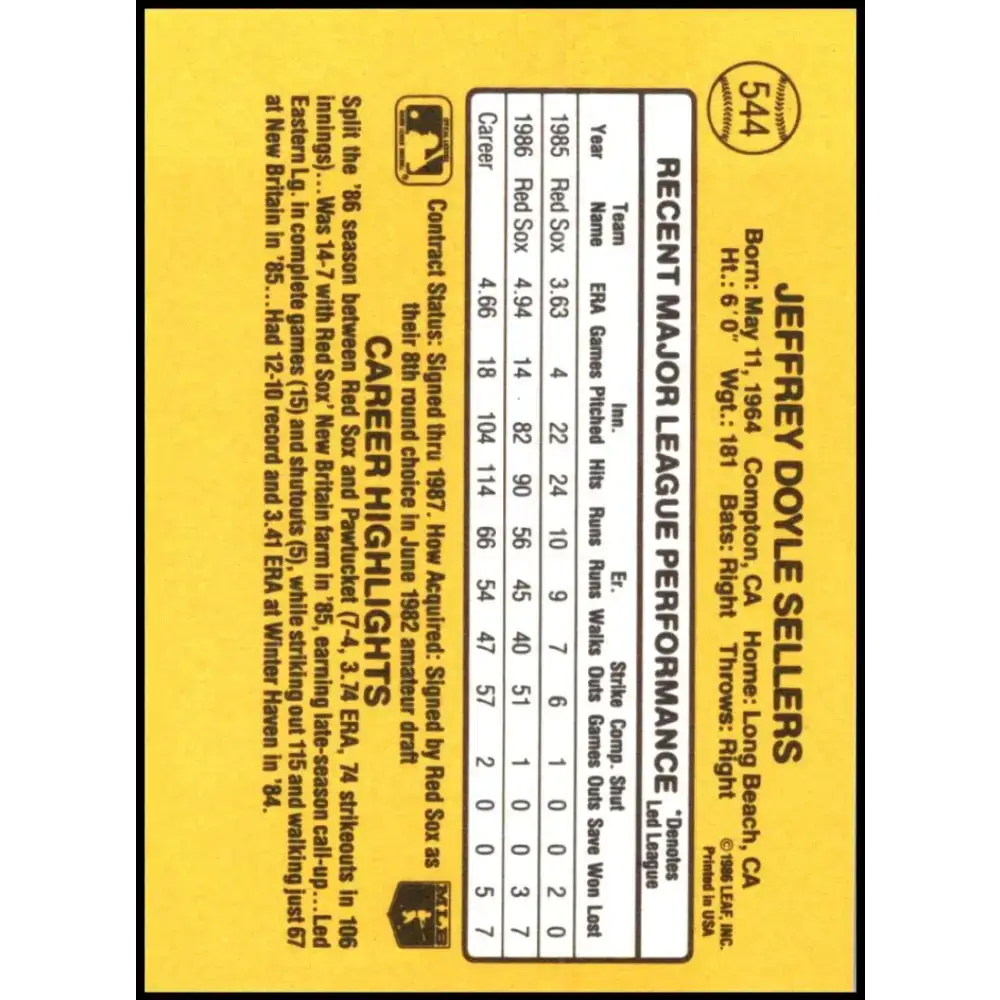 1987 Donruss #544 Jeff Sellers EX Excellent Boston Red Sox Baseball Card - Baseball Card Single