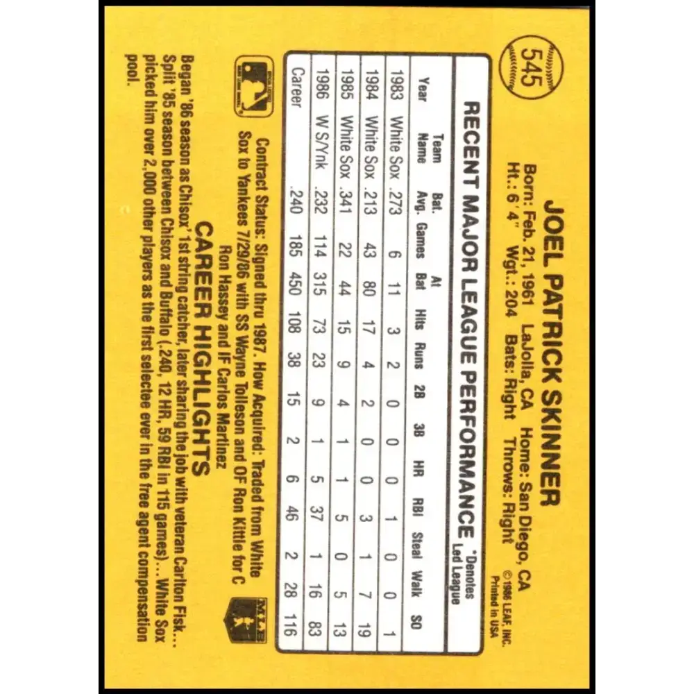 1987 Donruss #545 Joel Skinner EX Excellent New York Yankees Baseball Card - Baseball Card Single