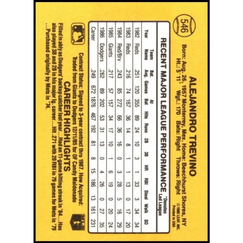 1987 Donruss #546 Alex Trevino EX Excellent Los Angeles Dodgers Baseball Card - Baseball Card Single