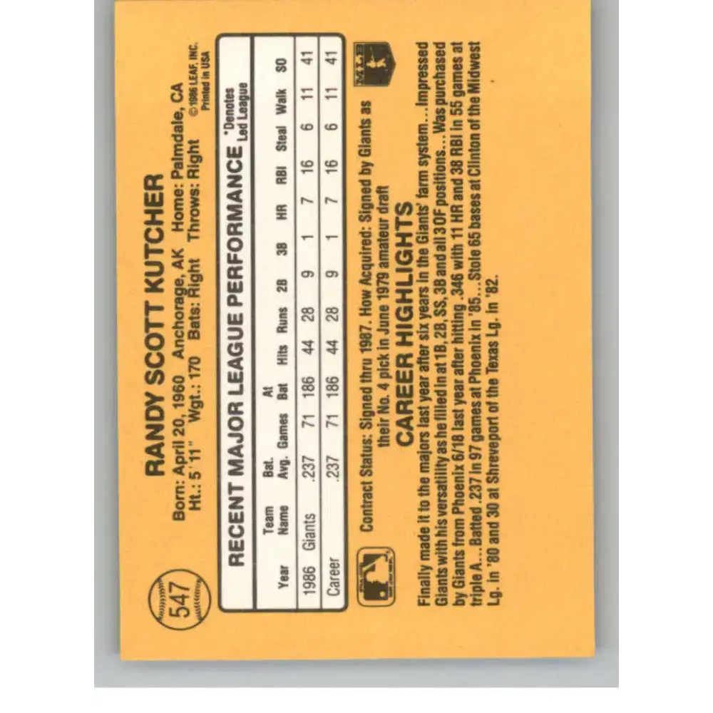 1987 Donruss #547 Randy Kutcher EX Excellent RC Rookie San Francisco Giants Baseball Card - Baseball Card Single