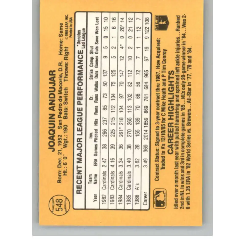 1987 Donruss #548 Joaquin Andujar EX Excellent Oakland Athletics Baseball Card - Baseball Card Single