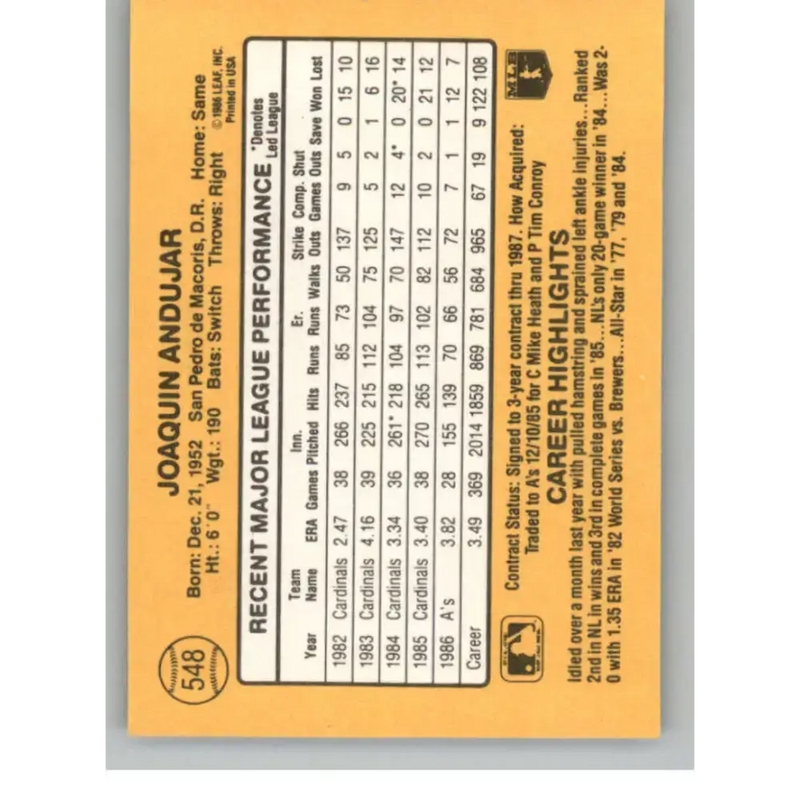 1987 Donruss #548 Joaquin Andujar EX Excellent Oakland Athletics Baseball Card - Baseball Card Single