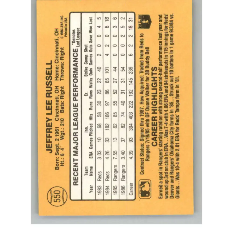 1987 Donruss #550 Jeff Russell EX Excellent Texas Rangers Baseball Card - Baseball Card Single