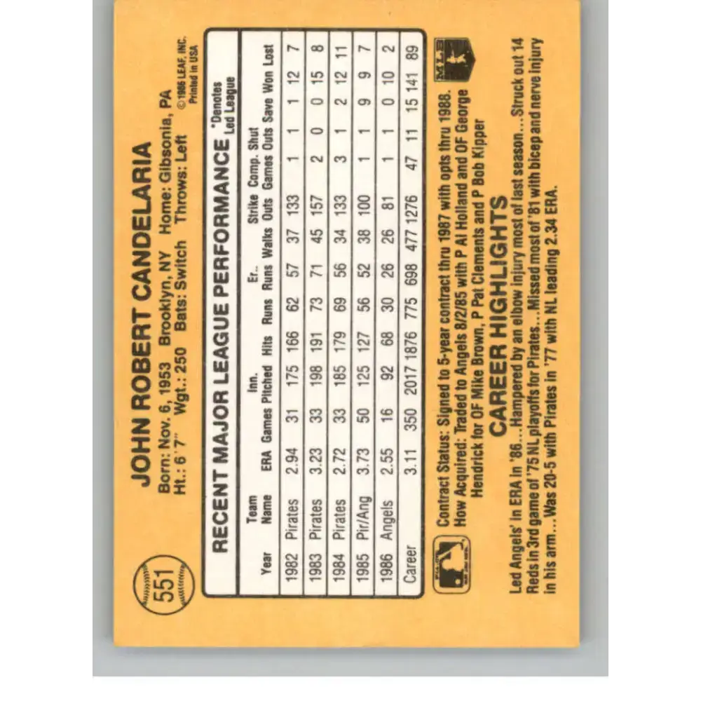 1987 Donruss #551 John Candelaria EX Excellent California Angels Baseball Card