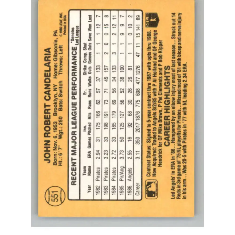 1987 Donruss #551 John Candelaria EX Excellent California Angels Baseball Card