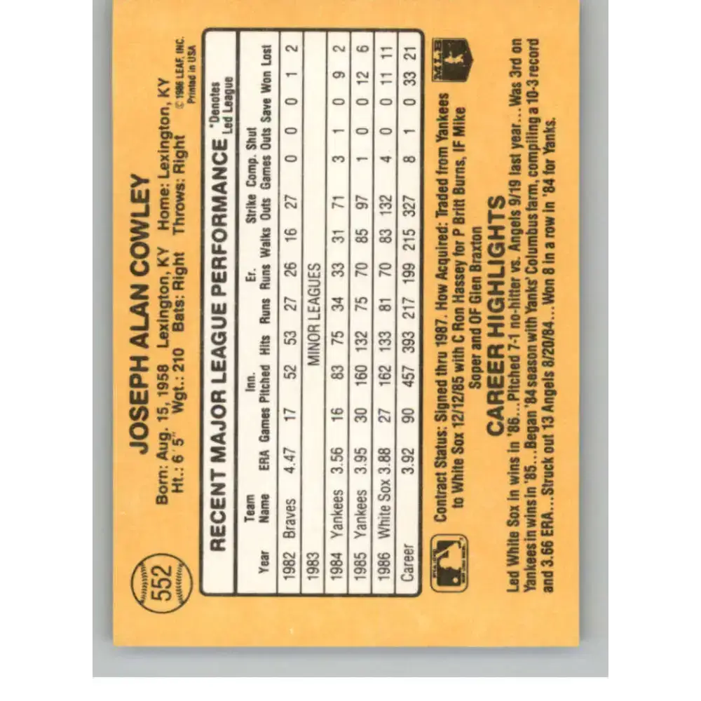 1987 Donruss #552 Joe Cowley EX Excellent Chicago White Sox Baseball Card - Baseball Card Single