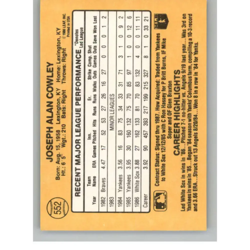 1987 Donruss #552 Joe Cowley EX Excellent Chicago White Sox Baseball Card - Baseball Card Single