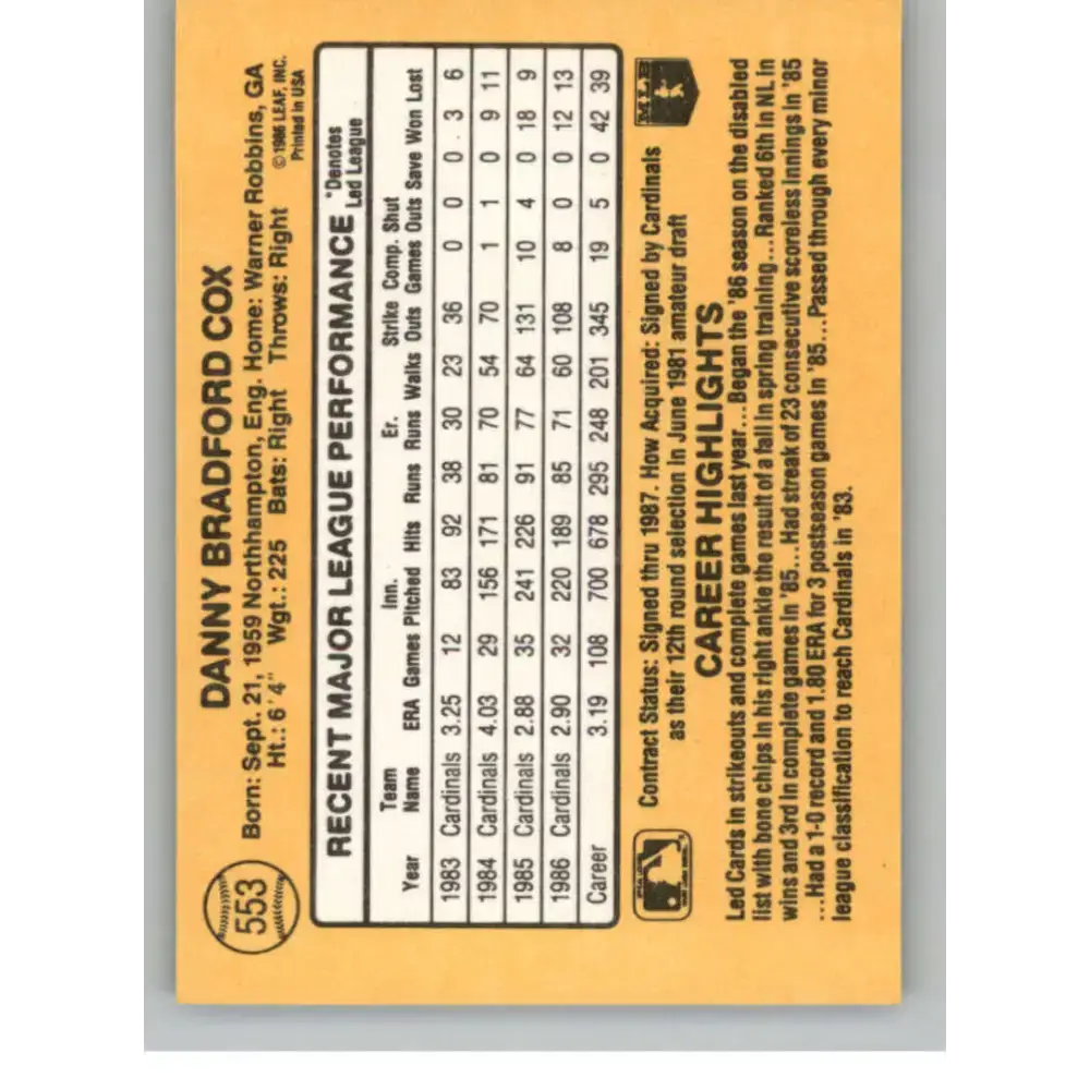 1987 Donruss #553 Danny Cox EX Excellent St. Louis Cardinals Baseball Card - Baseball Card Single