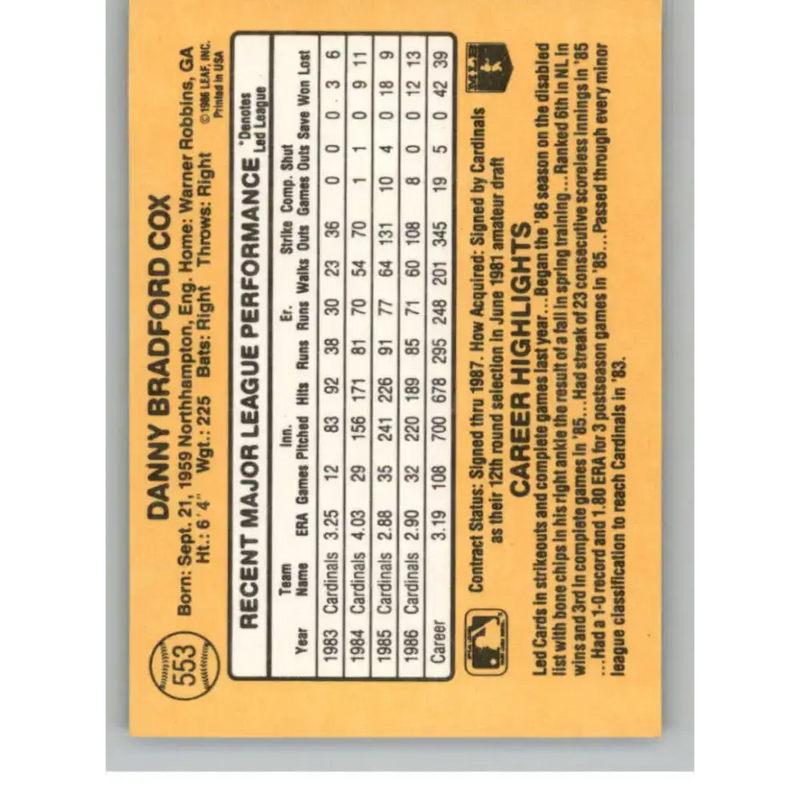 1987 Donruss #553 Danny Cox EX Excellent St. Louis Cardinals Baseball Card - Baseball Card Single