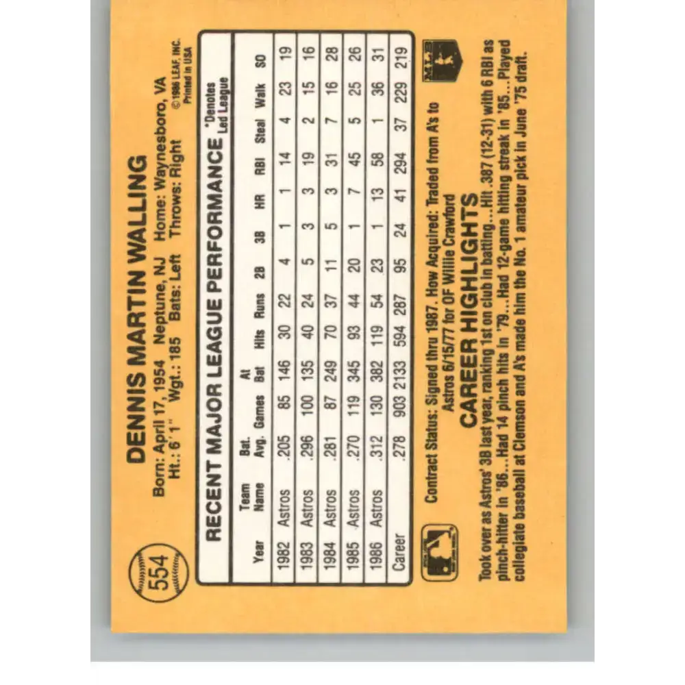 1987 Donruss #554 Denny Walling EX Excellent Houston Astros Baseball Card - Baseball Card Single