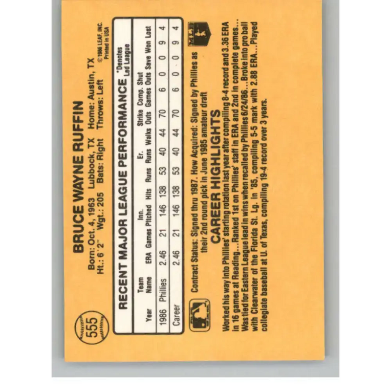 1987 Donruss #555 Bruce Ruffin EX Excellent RC Rookie Philadelphia Phillies Baseball Card