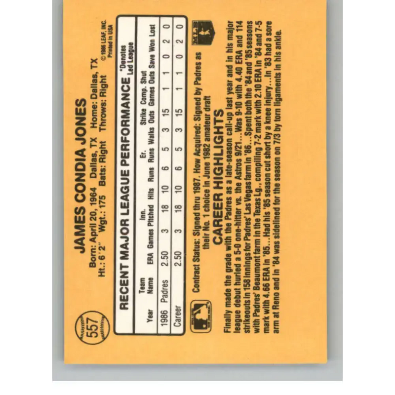 1987 Donruss #557 Jimmy Jones EX Excellent RC Rookie San Diego Padres Baseball Card - Baseball Card Single