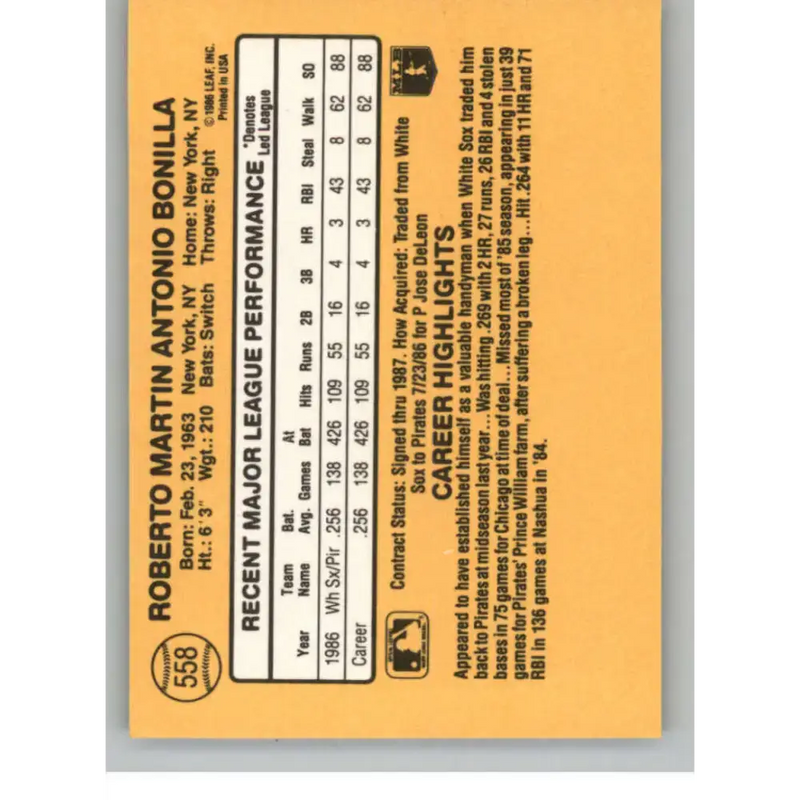 1987 Donruss #558 Bobby Bonilla EX Excellent RC Rookie Pittsburgh Pirates Baseball Card - Baseball Card Single
