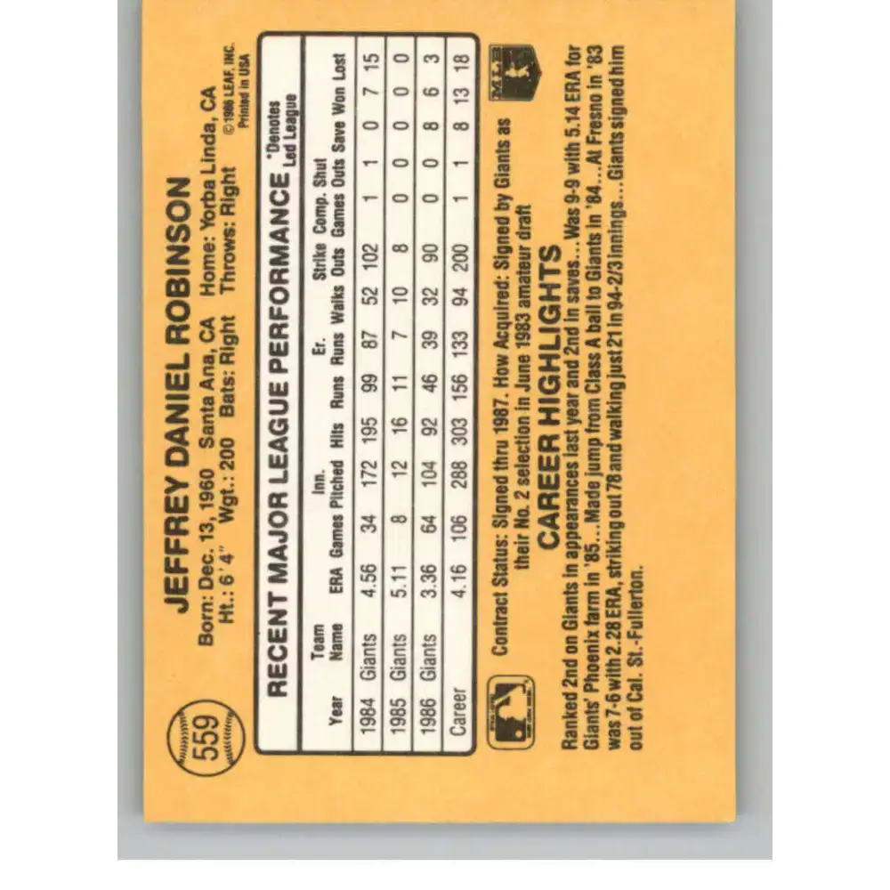 1987 Donruss #559 Jeff Robinson EX Excellent San Francisco Giants Baseball Card - Baseball Card Single
