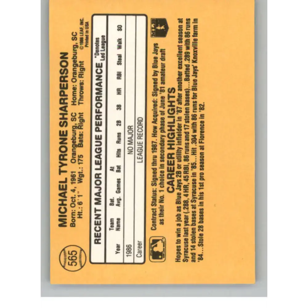 1987 Donruss #565 Mike Sharperson EX Excellent RC Rookie Toronto Blue Jays Baseball Card - Baseball Card Single