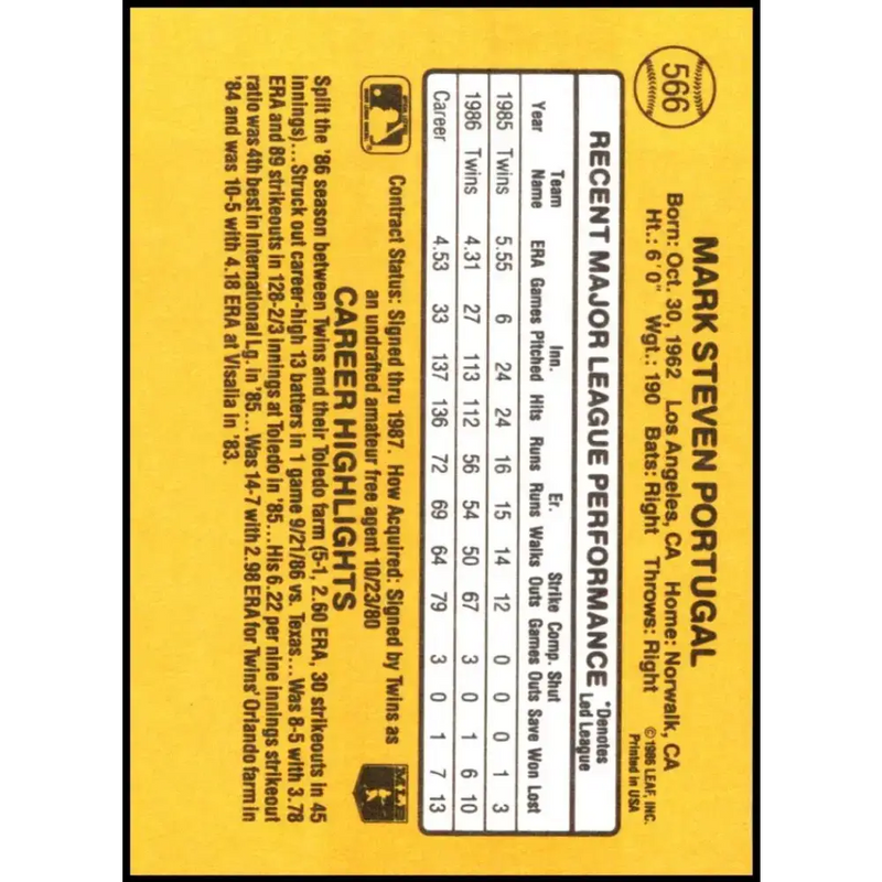 1987 Donruss #566 Mark Portugal EX Excellent RC Rookie Minnesota Twins Baseball Card - Baseball Card Single
