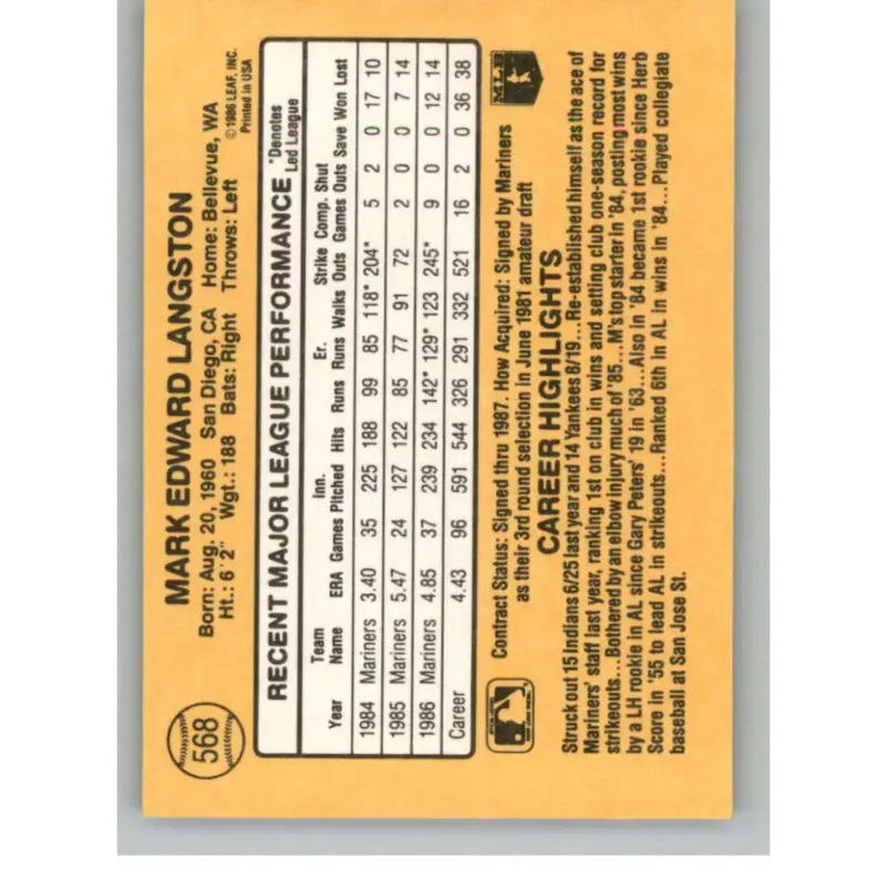 1987 Donruss #568 Mark Langston EX Excellent Seattle Mariners Baseball Card - Baseball Card Single