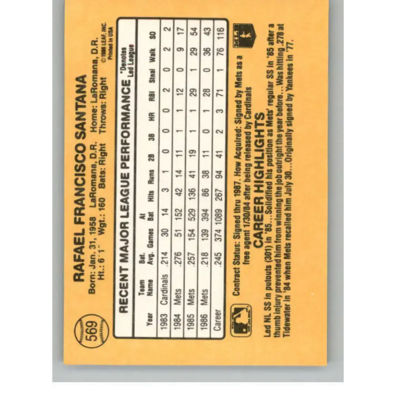 1987 Donruss #569 Rafael Santana EX Excellent New York Mets Baseball Card - Baseball Card Single