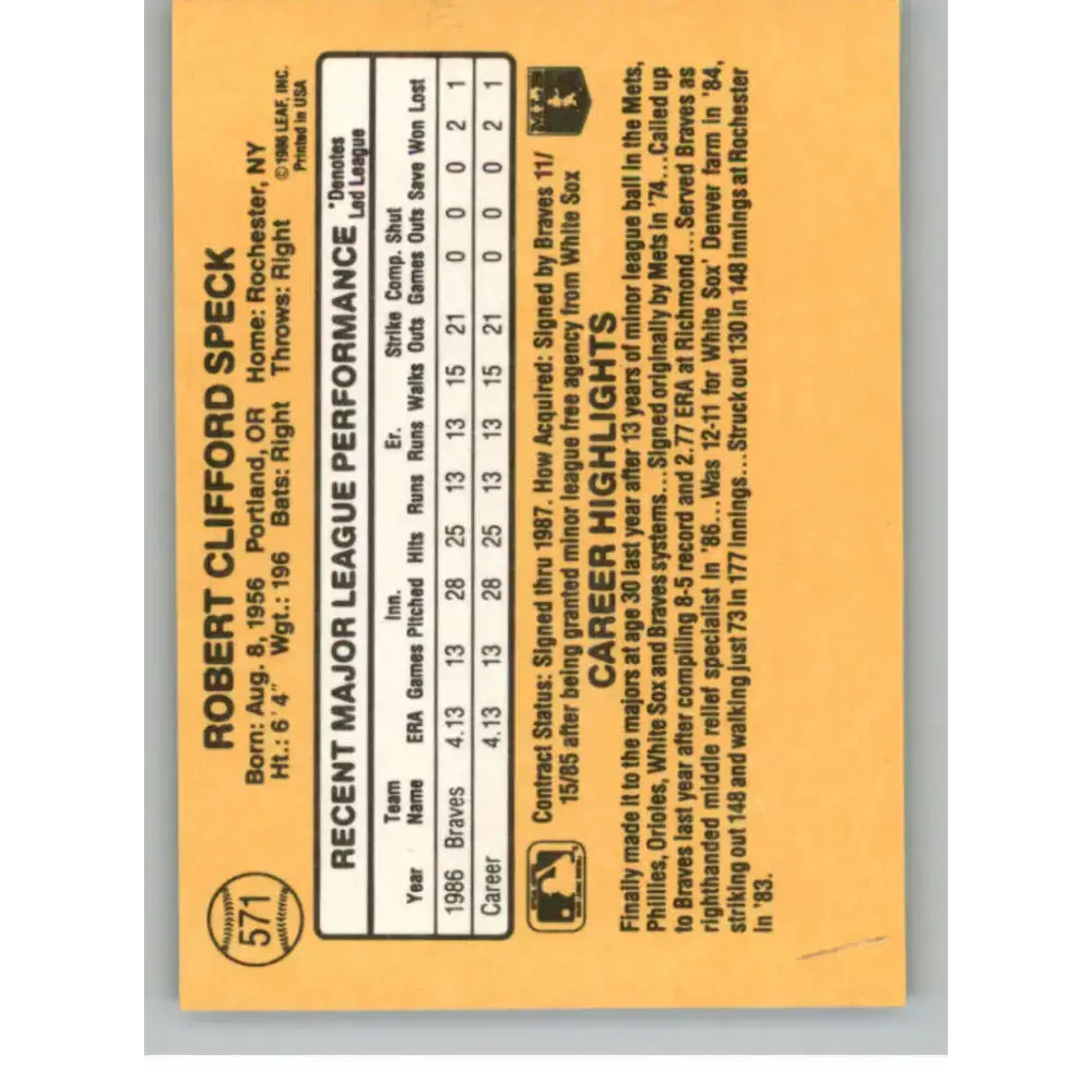 1987 Donruss #571 Cliff Speck EX Excellent Atlanta Braves Baseball Card - Baseball Card Single