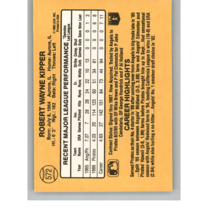 1987 Donruss #572 Bob Kipper EX Excellent Pittsburgh Pirates Baseball Card - Baseball Card Single