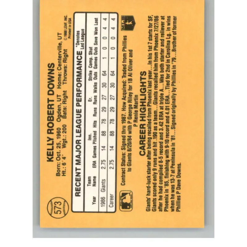 1987 Donruss #573 Kelly Downs EX Excellent RC Rookie San Francisco Giants Baseball Card - Baseball Card Single