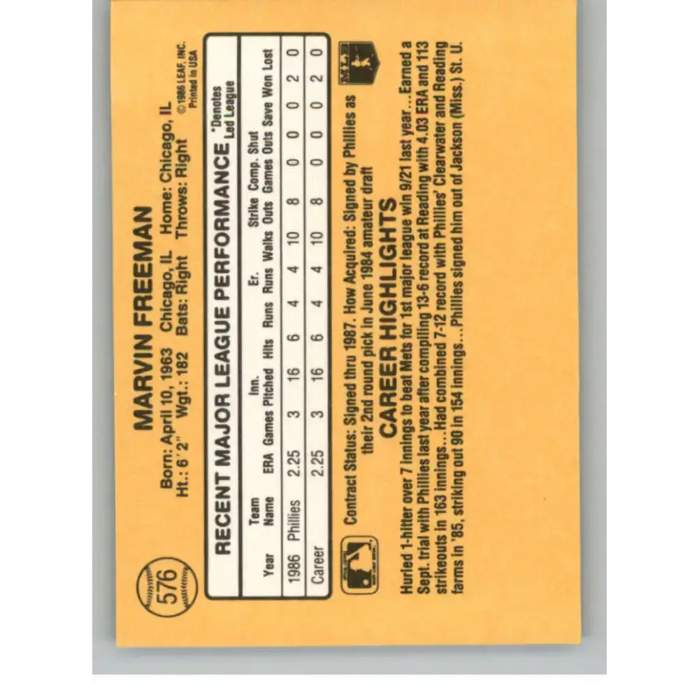 1987 Donruss #576 Marvin Freeman EX Excellent RC Rookie Philadelphia Phillies Baseball Card - Baseball Card Single