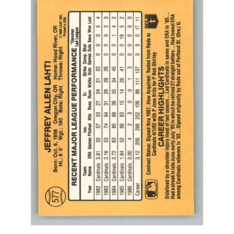 1987 Donruss #577 Jeff Lahti EX Excellent St. Louis Cardinals Baseball Card - Baseball Card Single