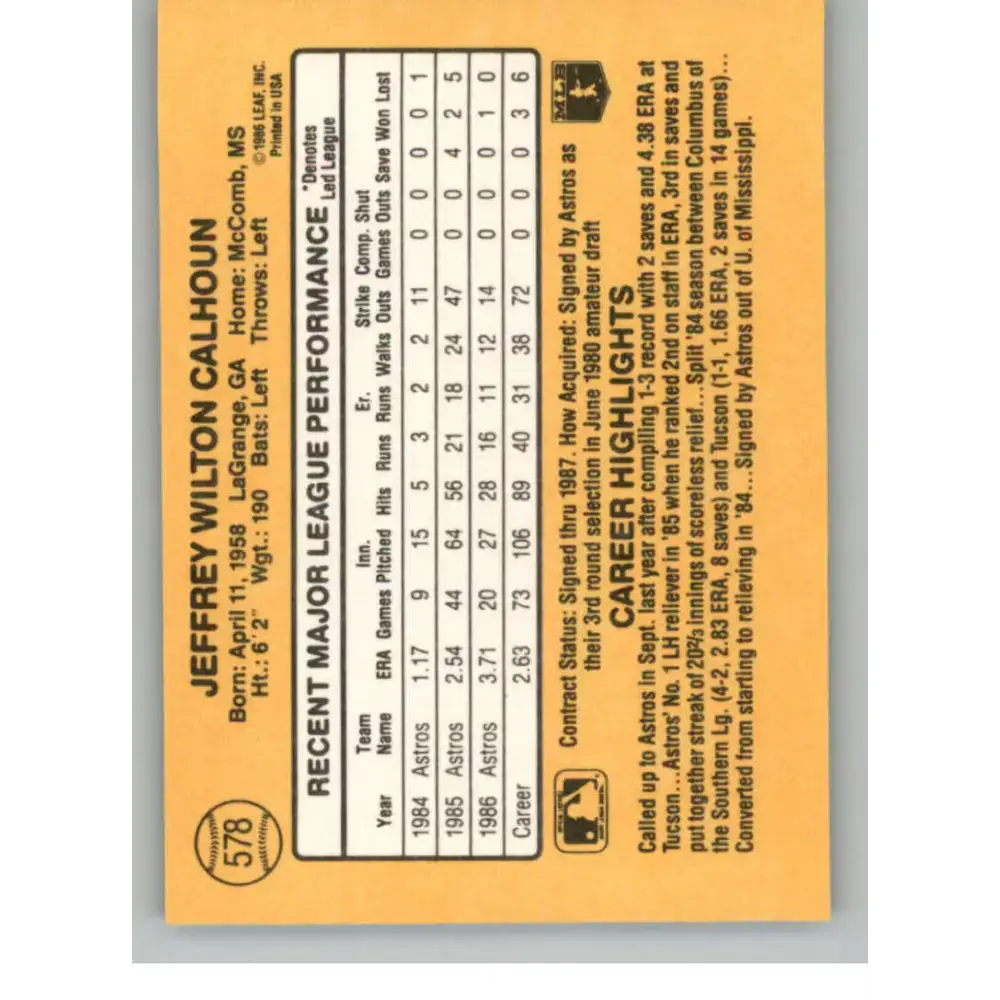 1987 Donruss #578 Jeff Calhoun EX Excellent Houston Astros Baseball Card - Baseball Card Single