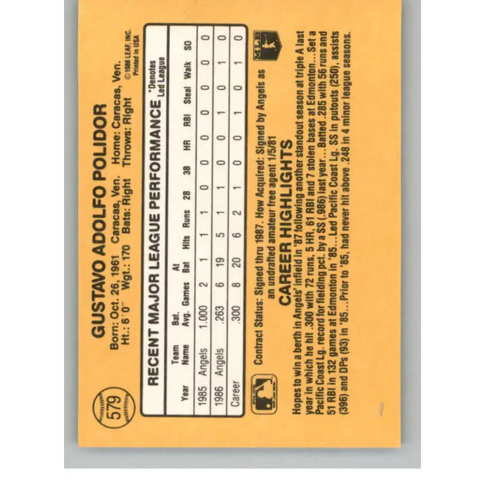 1987 Donruss #579 Gus Polidor EX Excellent California Angels Baseball Card - Baseball Card Single