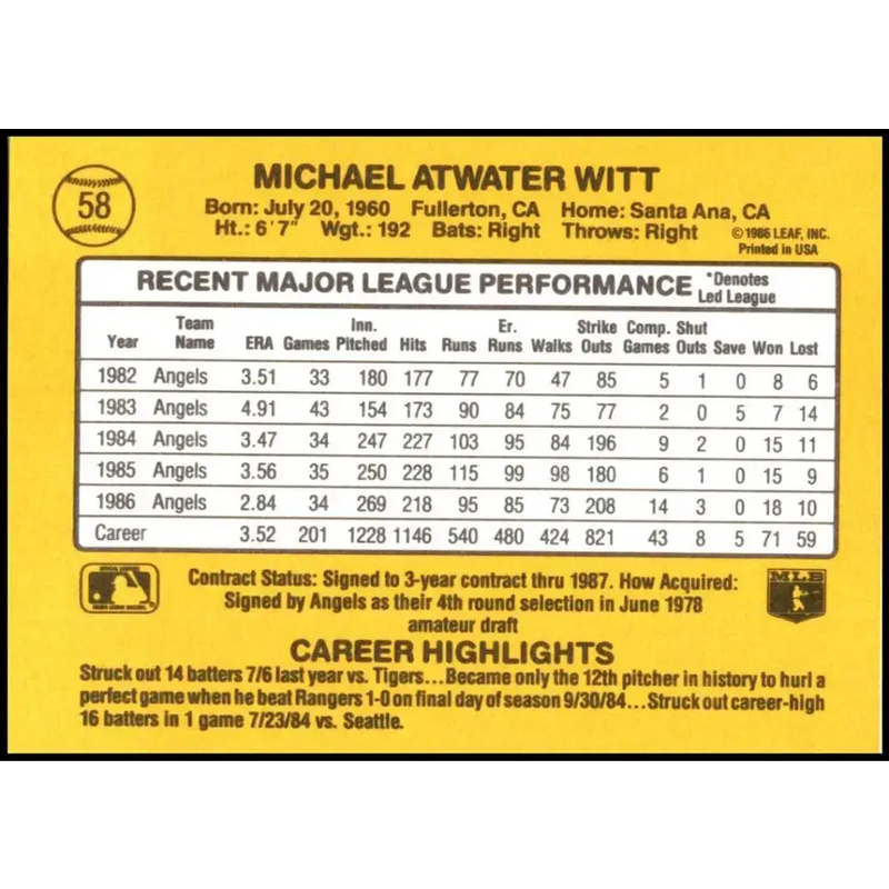 1987 Donruss #58 Mike Witt EX Excellent California Angels Baseball Card - Baseball Card Single