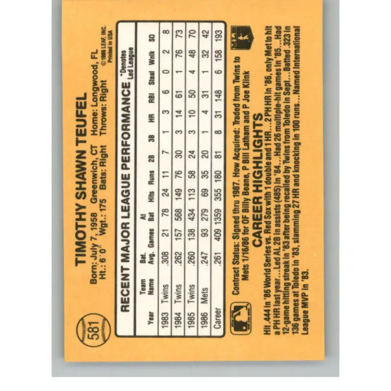 1987 Donruss #581 Tim Teufel EX Excellent New York Mets Baseball Card - Baseball Card Single