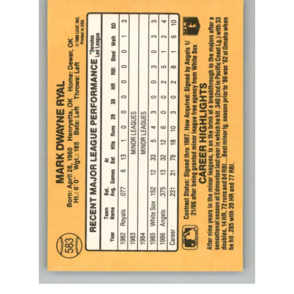 1987 Donruss #583 Mark Ryal EX Excellent California Angels Baseball Card