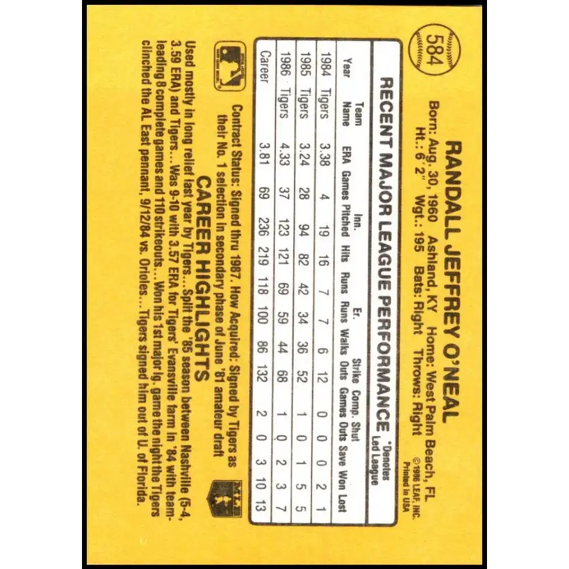 1987 Donruss #584 Randy O’Neal EX Excellent Detroit Tigers Baseball Card - Baseball Card Single