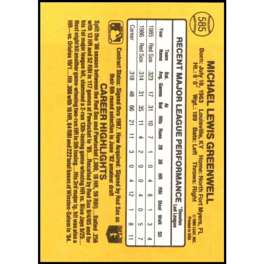 1987 Donruss #585 Mike Greenwell EX Excellent RC Rookie Boston Red Sox Baseball Card - Baseball Card Single