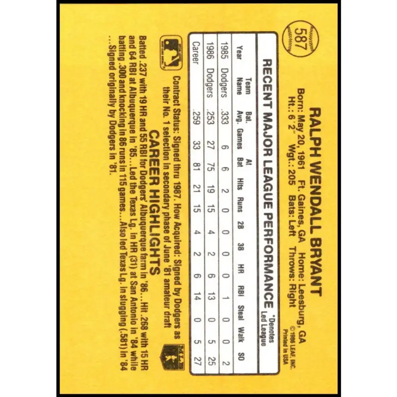1987 Donruss #587 Ralph Bryant EX Excellent RC Rookie Los Angeles Dodgers Baseball Card - Baseball Card Single