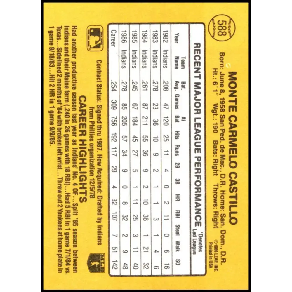 1987 Donruss #588 Carmen Castillo EX Excellent Cleveland Indians Baseball Card - Baseball Card Single
