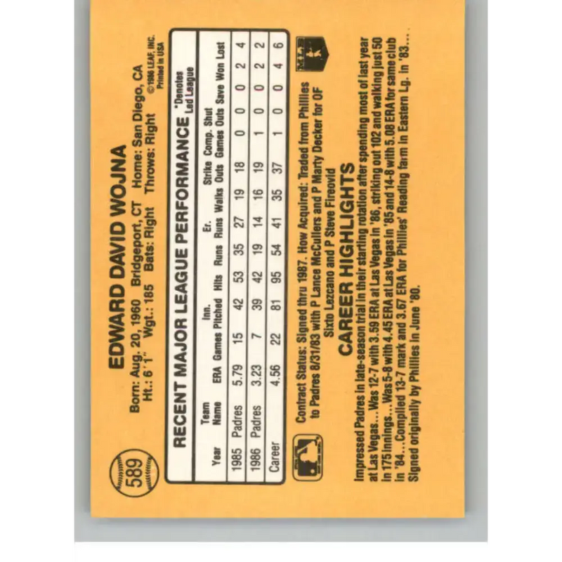 1987 Donruss #589 Ed Wojna EX Excellent San Diego Padres Baseball Card - Baseball Card Single