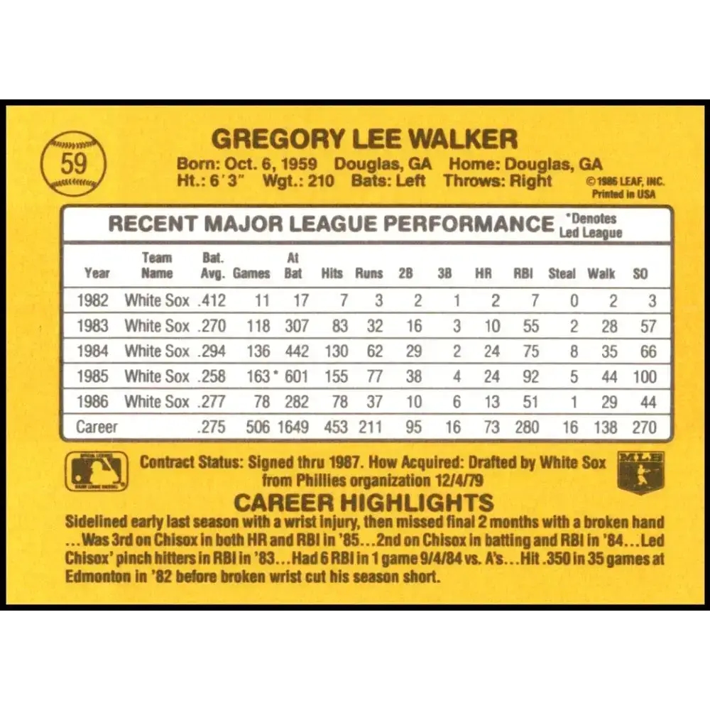 1987 Donruss #59 Greg Walker EX Excellent Chicago White Sox Baseball Card - Baseball Card Single