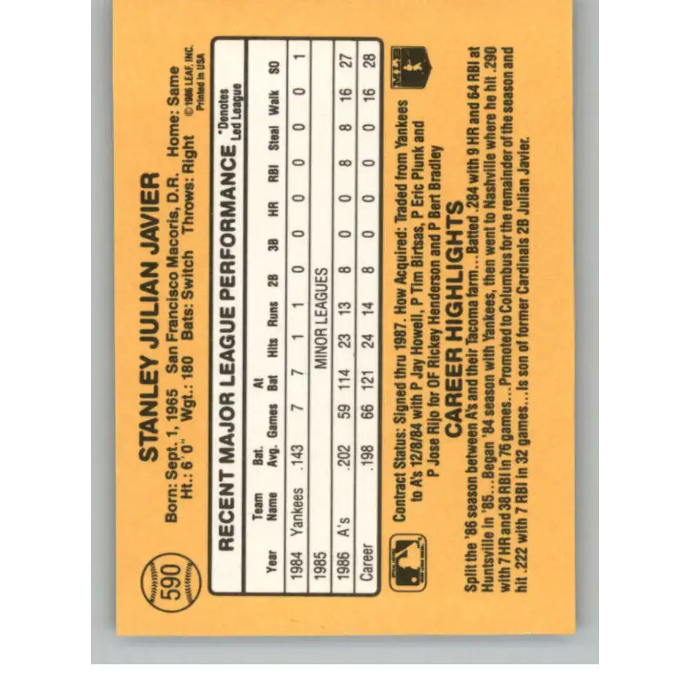 1987 Donruss #590 Stan Javier EX Excellent Oakland Athletics Baseball Card - Baseball Card Single