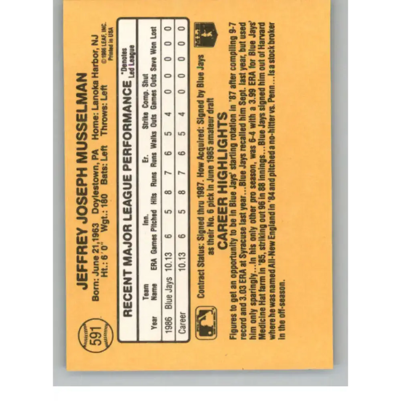 1987 Donruss #591 Jeff Musselman EX Excellent RC Rookie Toronto Blue Jays Baseball Card - Baseball Card Single