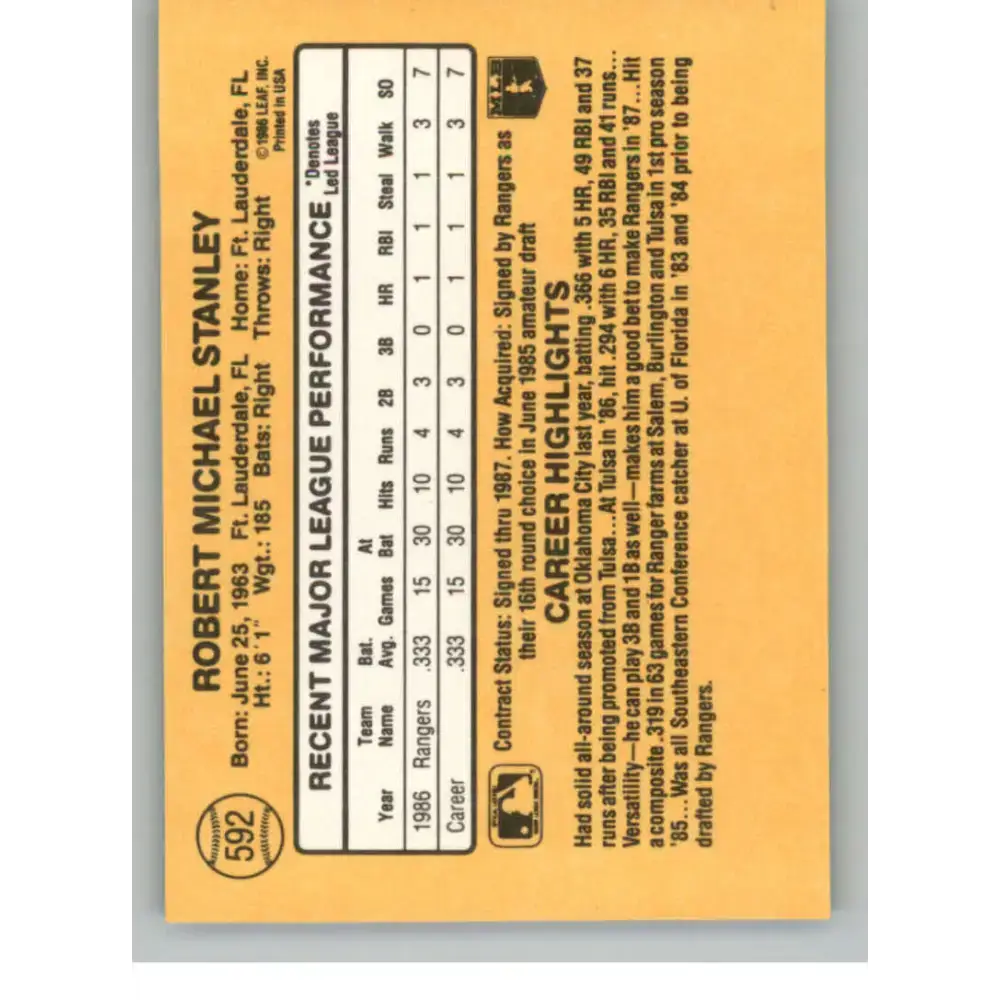 1987 Donruss #592 Mike Stanley EX Excellent RC Rookie Texas Rangers Baseball Card - Baseball Card Single