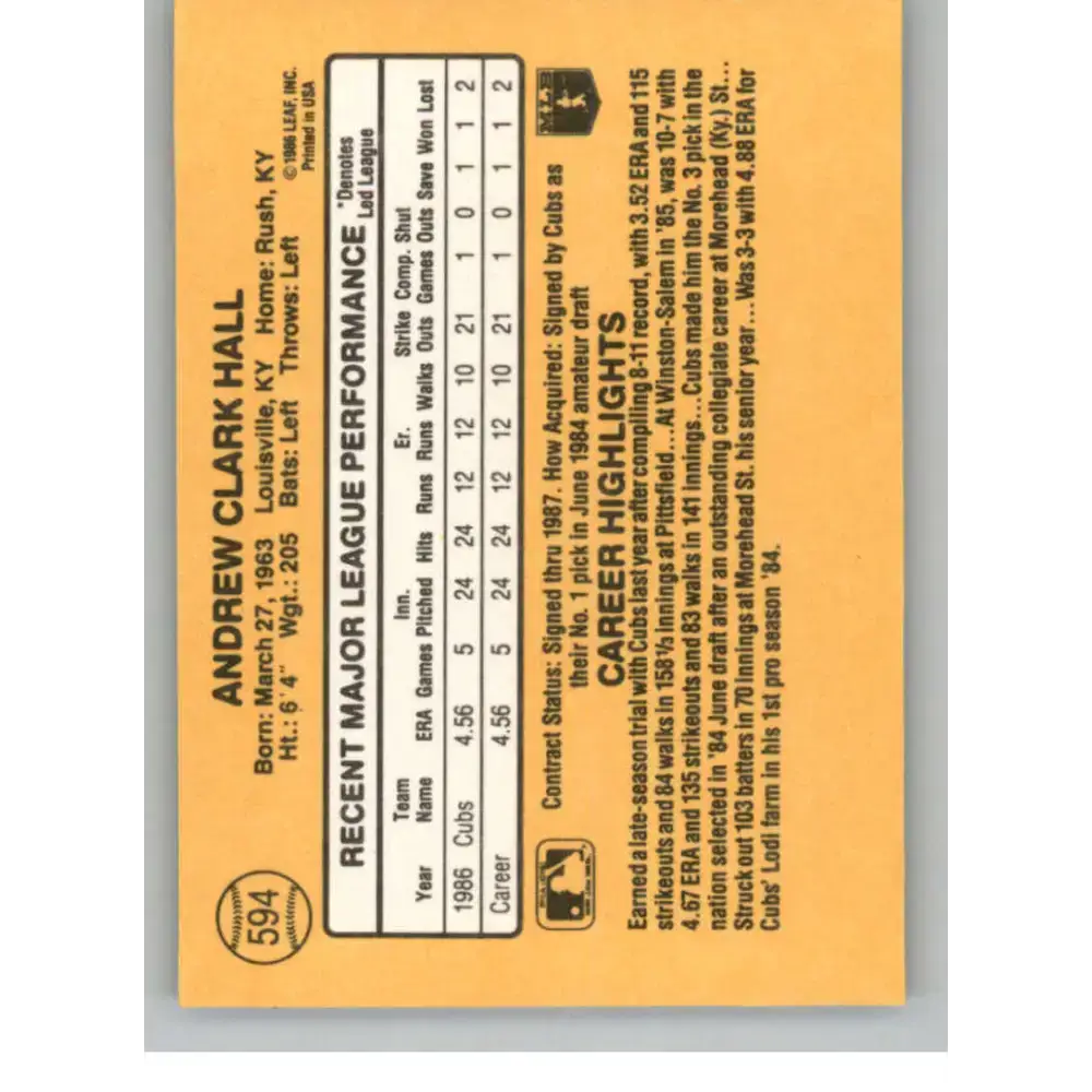 1987 Donruss #594 Drew Hall EX Excellent RC Rookie Chicago Cubs Baseball Card - Baseball Card Single