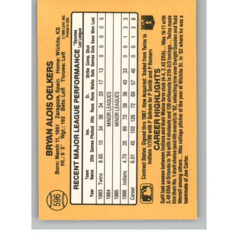 1987 Donruss #596 Bryan Oelkers EX Excellent Cleveland Indians Baseball Card - Baseball Card Single
