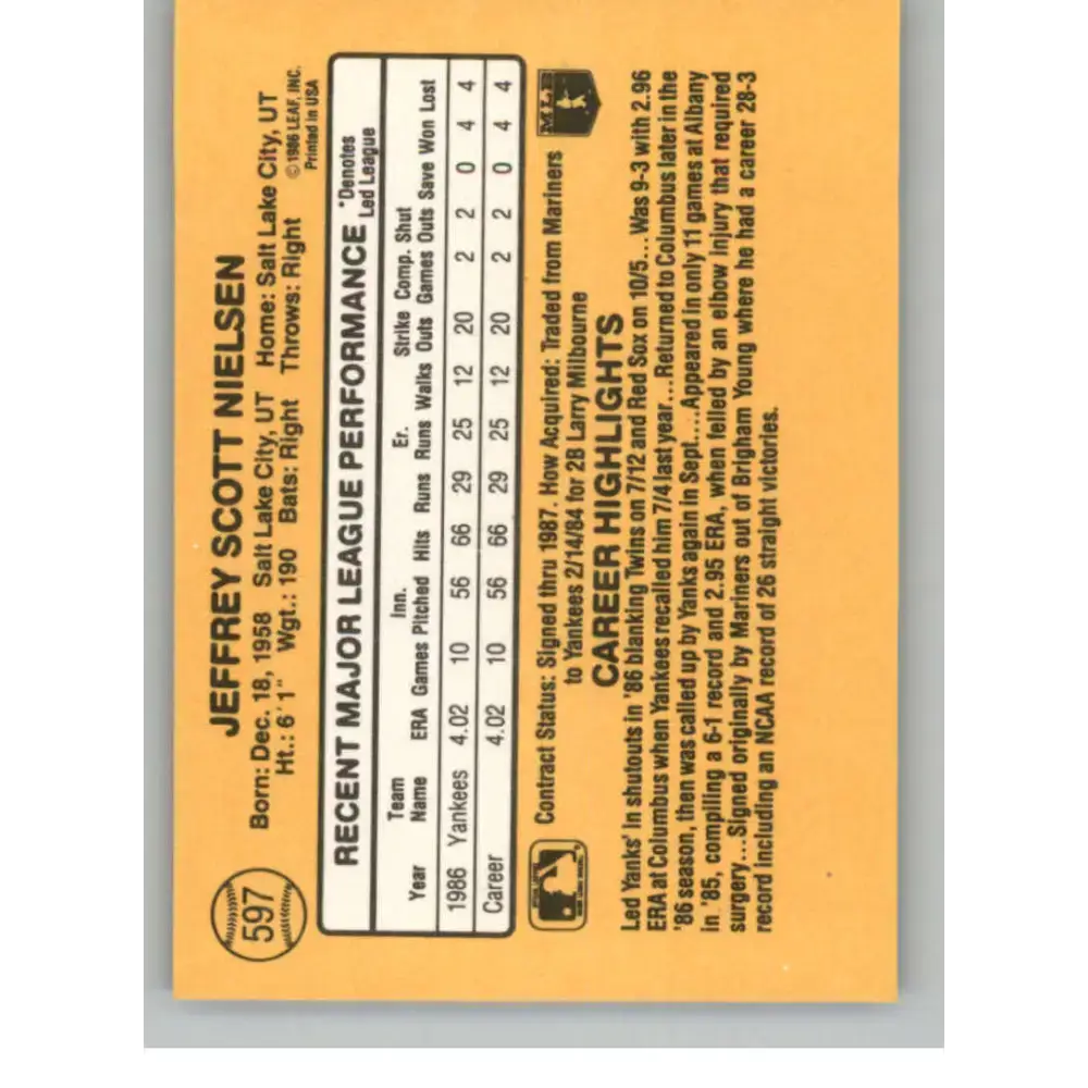 1987 Donruss #597 Scott Nielsen EX Excellent RC Rookie New York Yankees Baseball Card - Baseball Card Single
