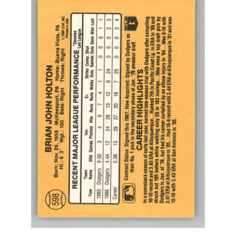 1987 Donruss #598 Brian Holton EX Excellent RC Rookie Los Angeles Dodgers Baseball Card - Baseball Card Single
