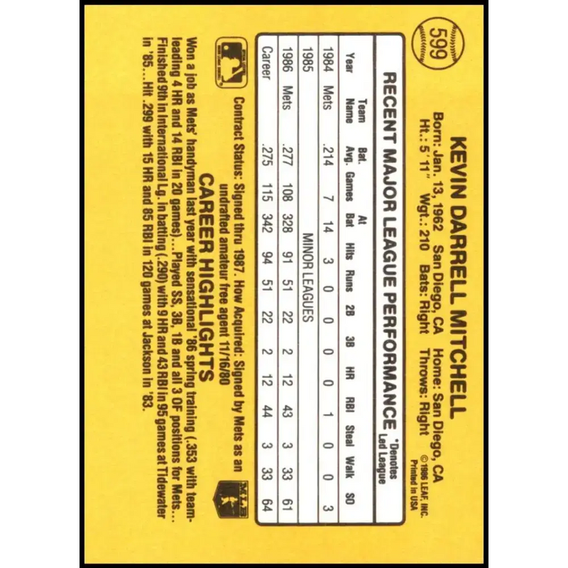 1987 Donruss #599 Kevin Mitchell EX Excellent RC Rookie New York Mets Baseball Card